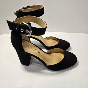 Unisa Kinli Black Fabric Ankle Strap Block Heel Pumps Womens 8.5 M UNKINLI